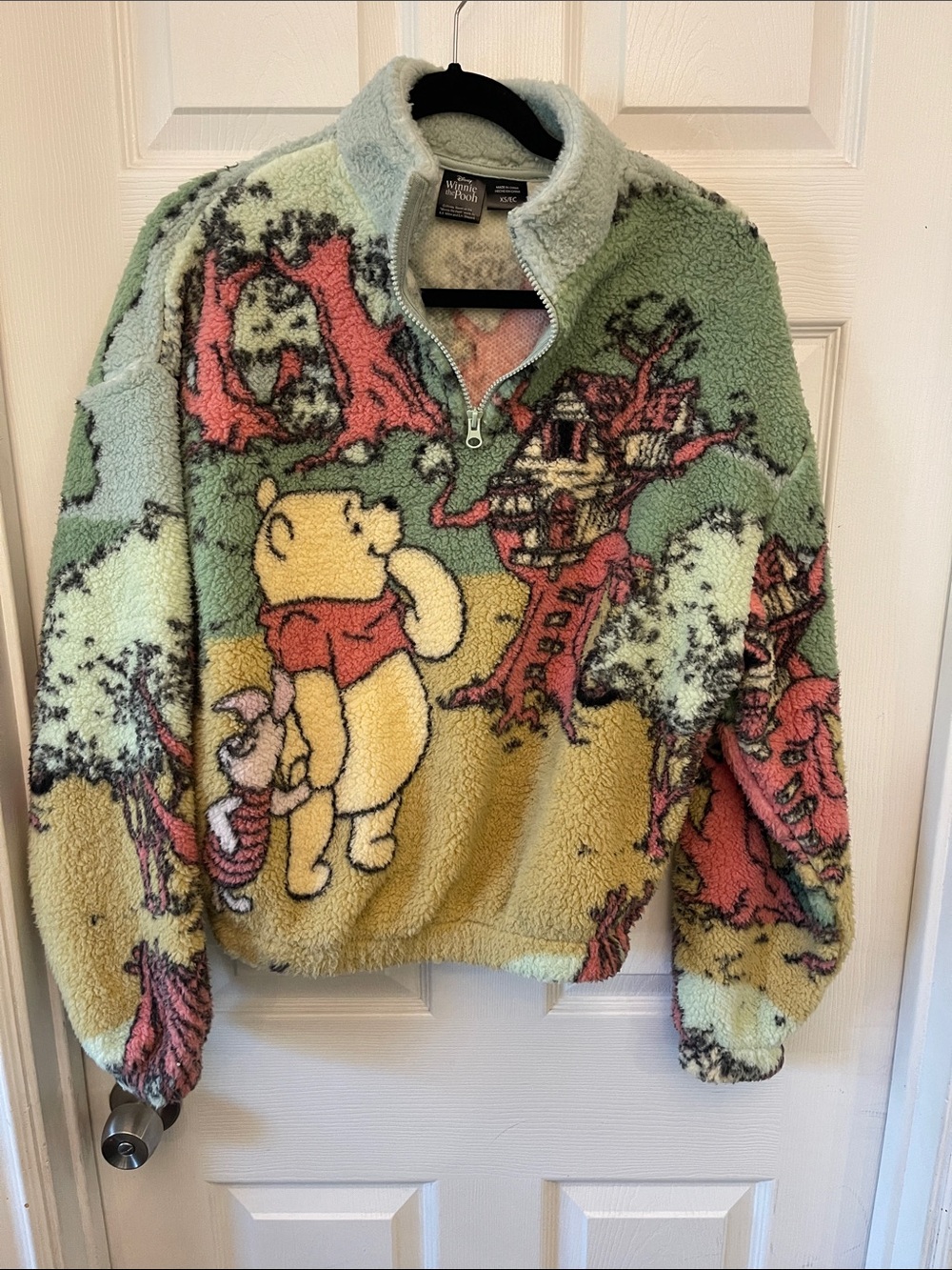 Disney Pooh Oversized Sherpa Quarter-Zip Sweater in Green, Yellow, Pink